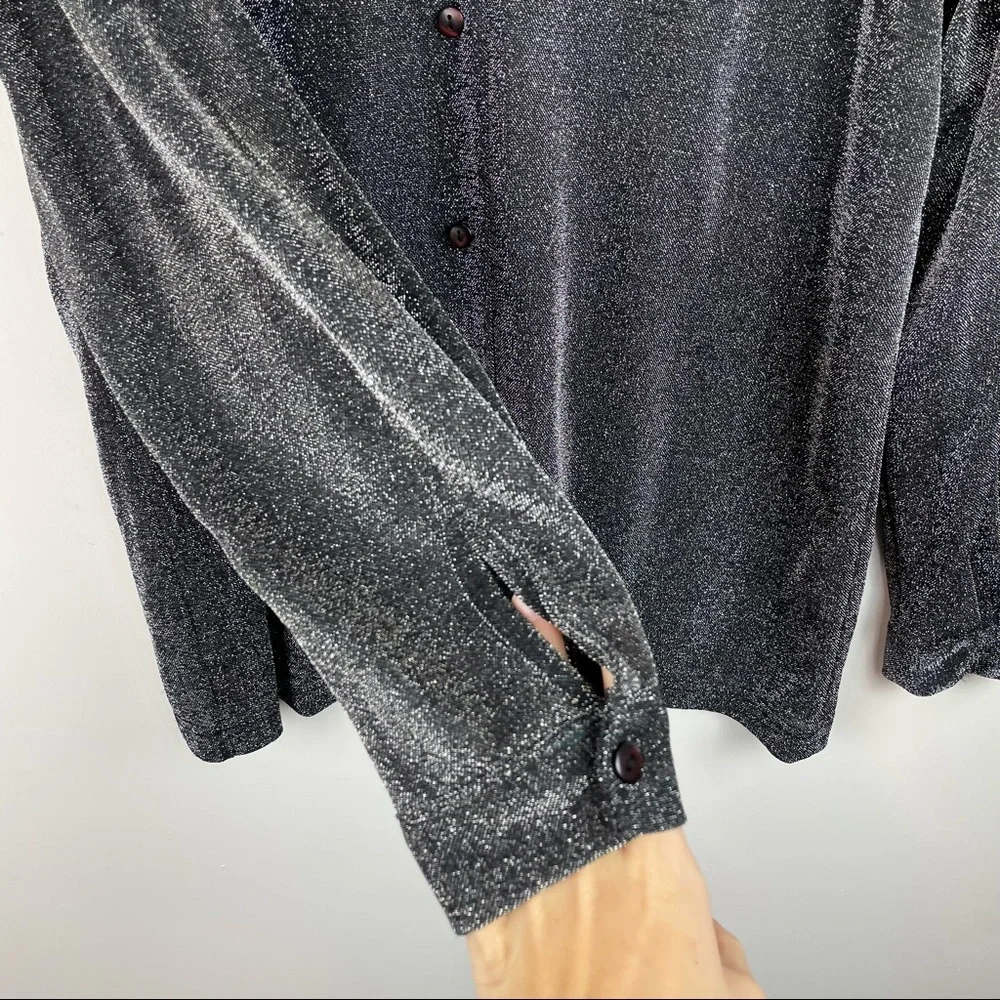 Vtg C.B. Studio Womens Silver Metallic Button Down Sparkle Holiday Top